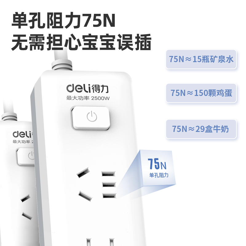 得力18163(03)皓白系列插座_2+2_3米_PE袋(白)(個(gè))