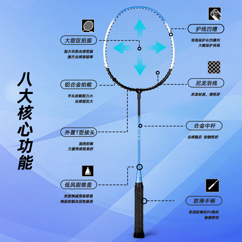 安格耐特FH104深凹槽臻耐磨鋁分體羽毛球拍(2支/付 帶三球)(藍)(付)