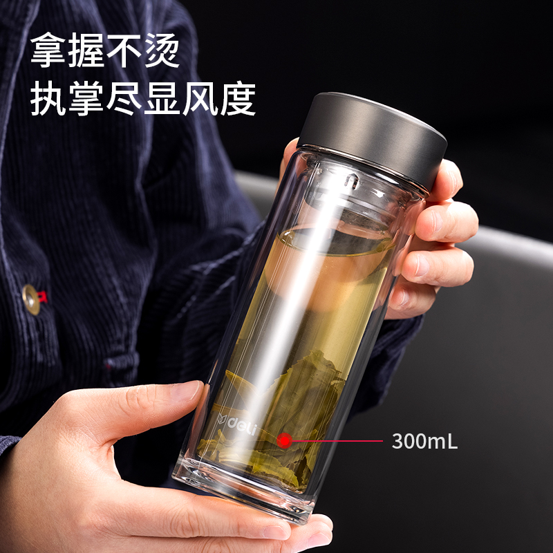 得力LL501雙層玻璃杯(300mL)(提繩禮盒)(灰色)(個(gè))