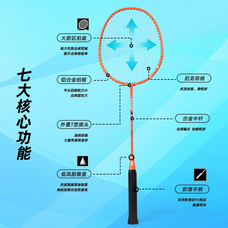 安格耐特FH110鐵一體羽毛球拍(2支/付)(帶3球)(橙+紫)(付)