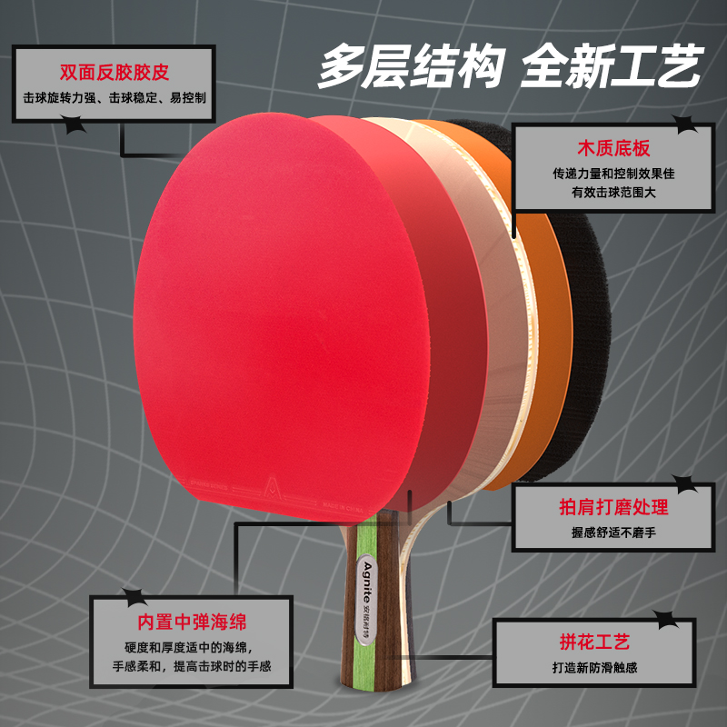 安格耐特FH205無星乒乓球拍(直拍)(2個/付)(帶三球)(紅+黑)(付)
