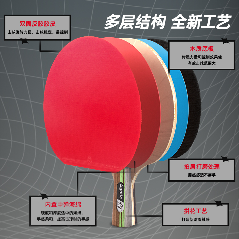 安格耐特FH207一星乒乓球拍(直拍)(2個(gè)/付)(帶三球)(紅+黑)(付)