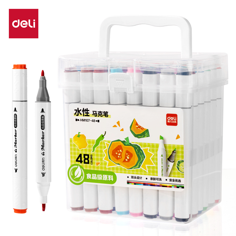 得力HM107-48_PP桶裝粗三角桿食品級水性馬克筆(混)(48色/筒)