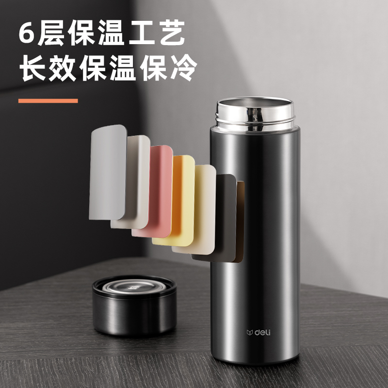 得力LL615商務(wù)保溫杯(旋蓋)(500mL)(304內(nèi)膽)(灰)(彩盒裝)