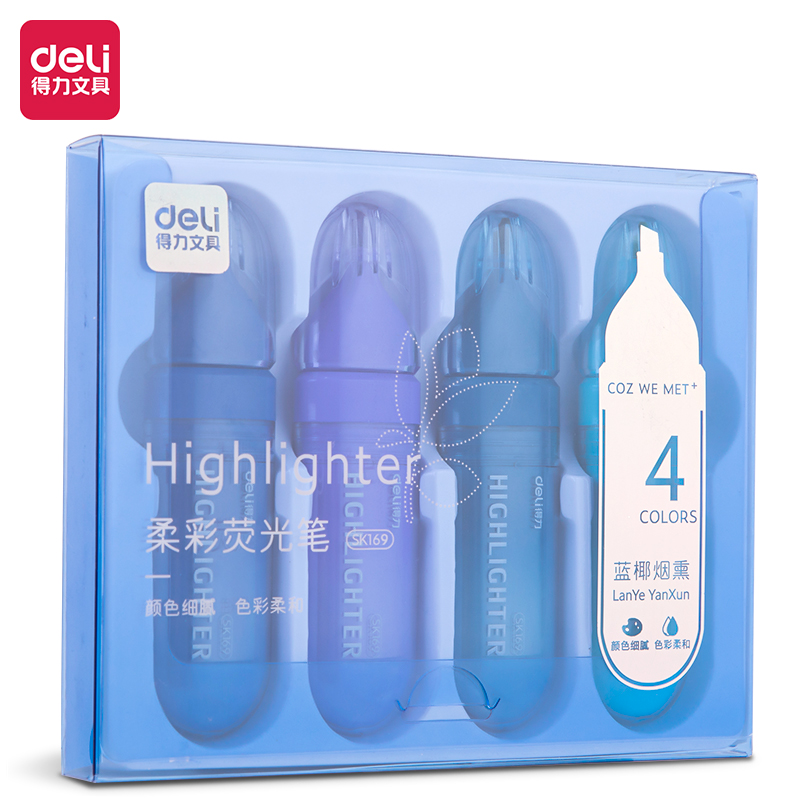 得力SK169柔彩熒光筆藍(lán)椰煙熏色系(混)(4支/盒)