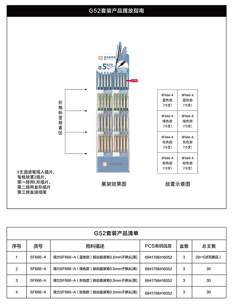 得力G52直液筆展架套裝(黑)(120支/套)