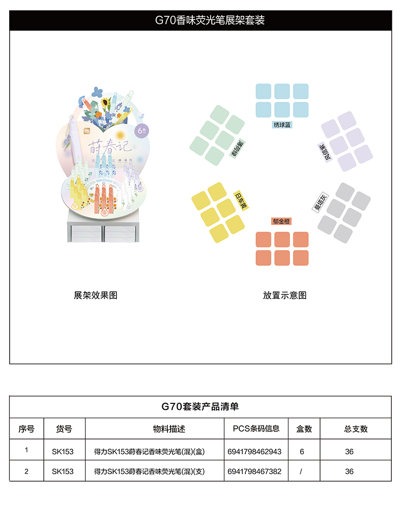 得力G70香味熒光筆展架(混)(套)