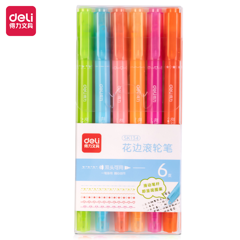 得力SK134花邊滾輪熒光筆(混)(6/盒)