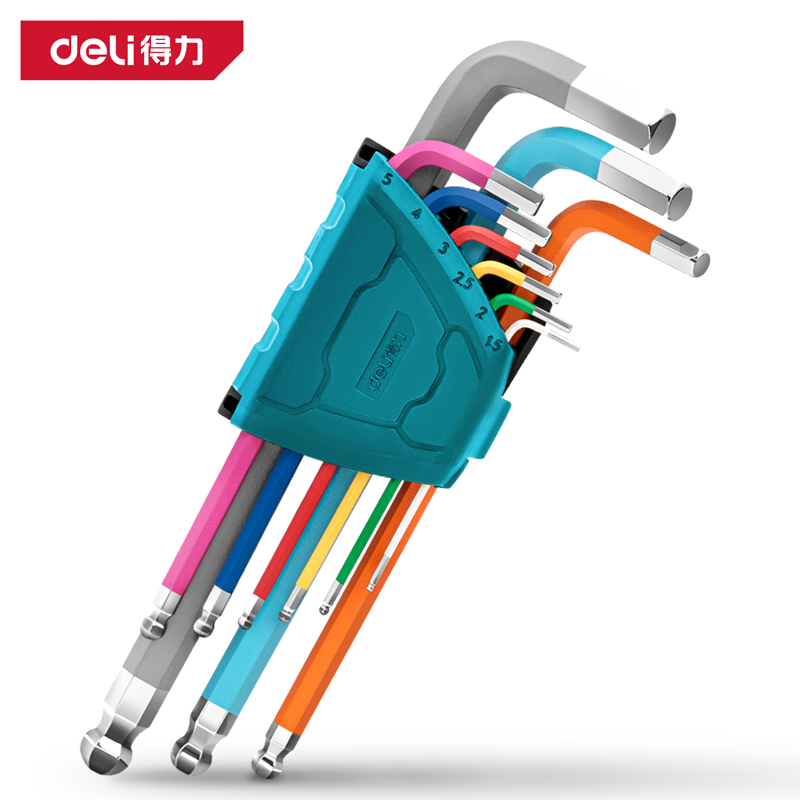 deli得力DW1782專業(yè)級鏡面彩虹加長球頭內六角組套9件套鉻釩鋼(藍)(套)