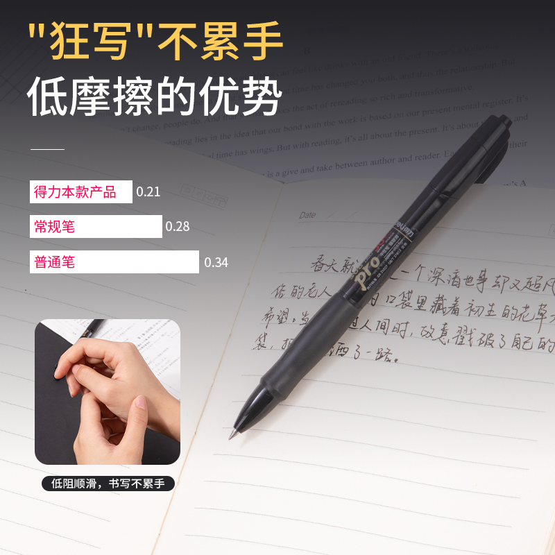 得力S08Pro-10臻順滑按動中性筆0.5mm子彈頭(黑)(10支/盒)