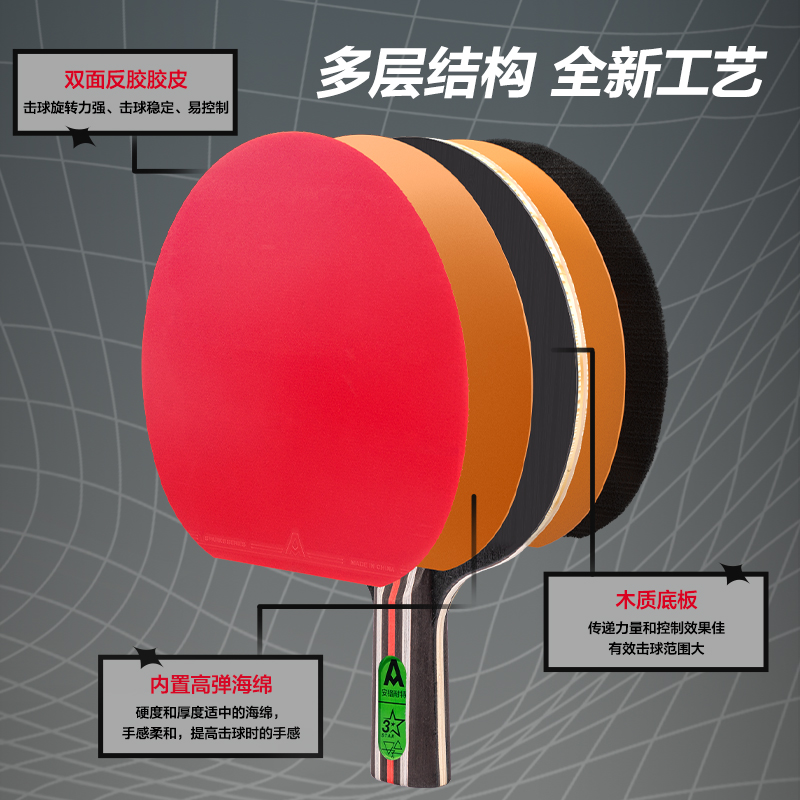 安格耐特FH211三星乒乓球拍(直拍)(2個/付)(帶三球)(紅+黑)(付)