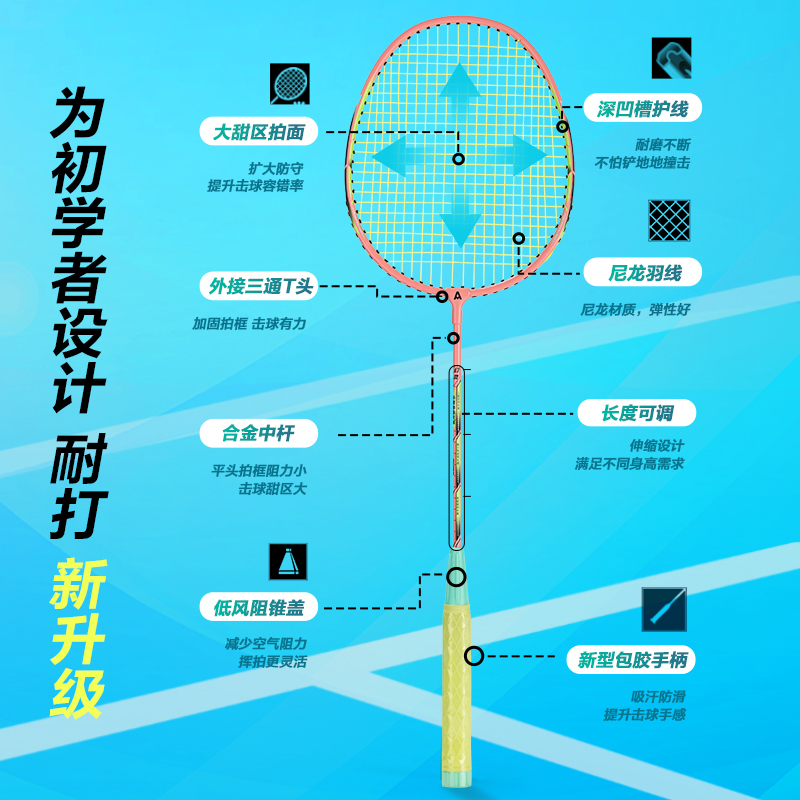 安格耐特FH120臻耐磨伸縮可調(diào)鋁分體羽毛球拍(2支裝、帶3球)(藍(lán)、粉)(付)