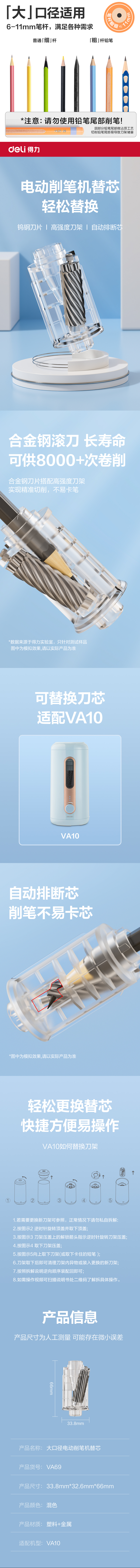 得力VA69大口徑電動削筆機替芯(本色)(個)