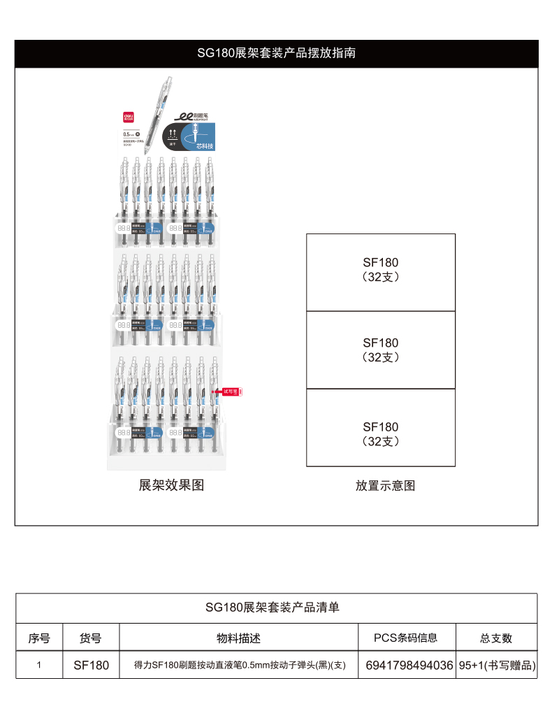 得力SG180刷題按動(dòng)直液筆展架套裝(4套/箱)0.5mm子彈頭(黑)(套)