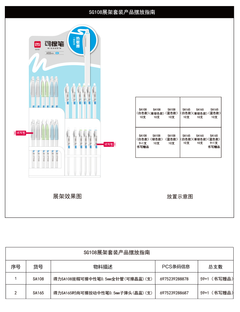 得力SG108可擦中性展架套裝(2套/箱)0.5mm全針管/子彈頭(晶藍(lán))(套)