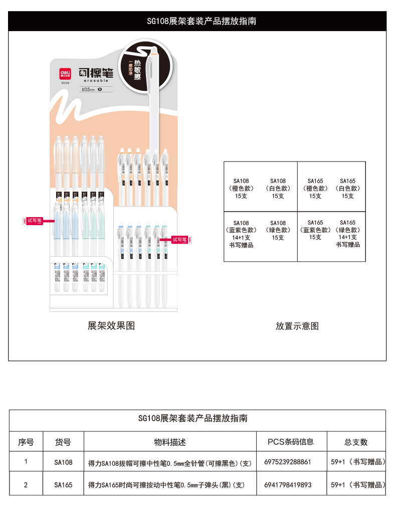 得力SG108可擦中性筆展架套裝(2套/箱)0.5mm全針管/子彈頭(黑)(套)