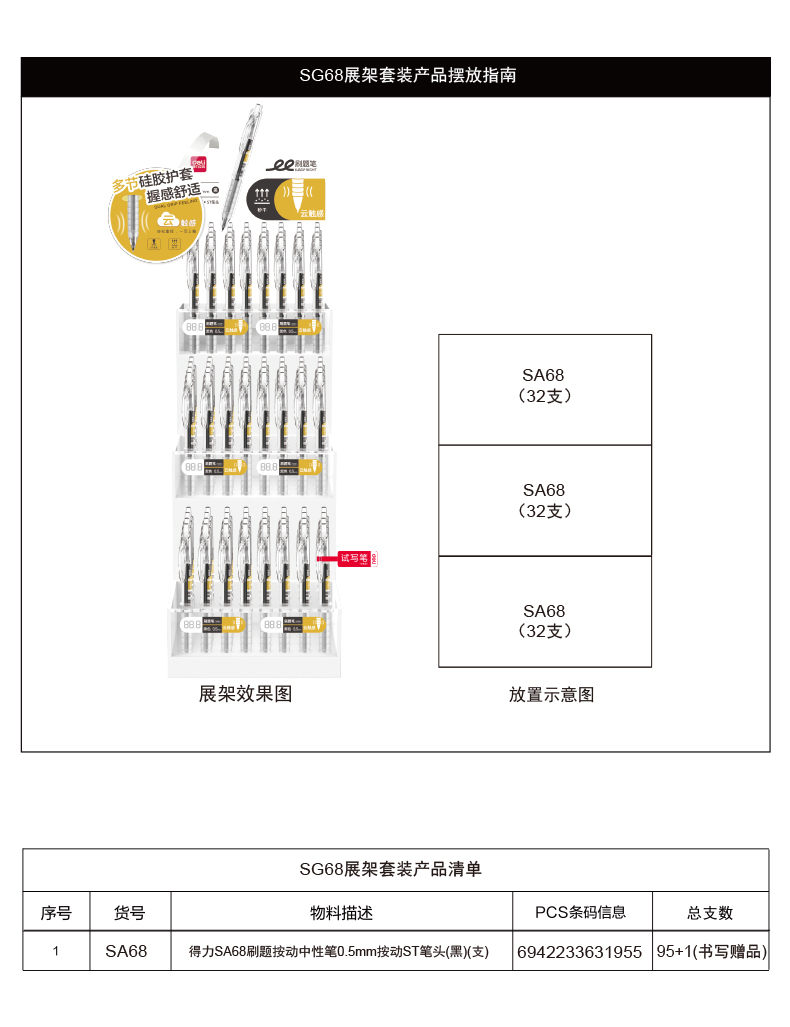 得力SG68刷題秒干按動(dòng)中性筆套裝(黑)(96支/架)