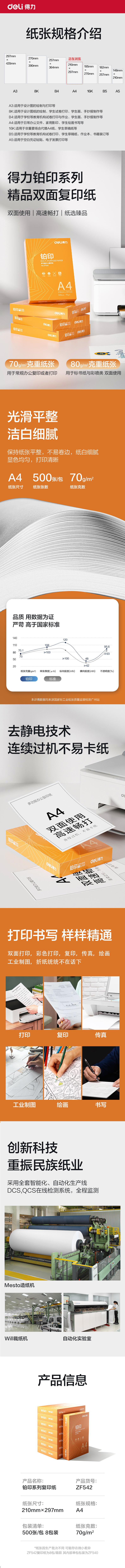 得力ZF542鉑印復(fù)印紙A4-70g-8包(橙色包裝)(包)