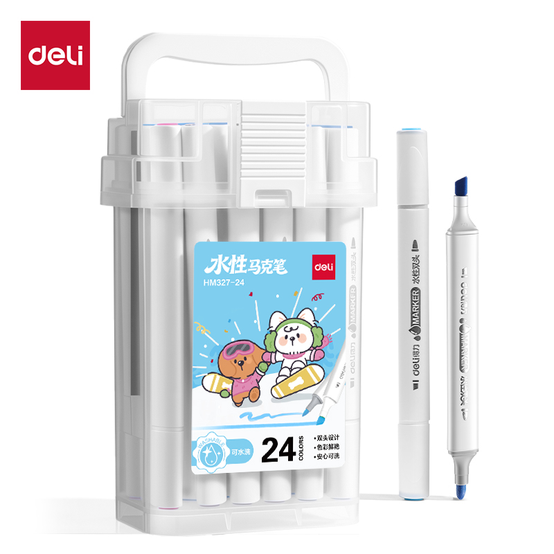 得力HM327-24PP筒裝三角桿水性馬克筆(混)(24色/筒)