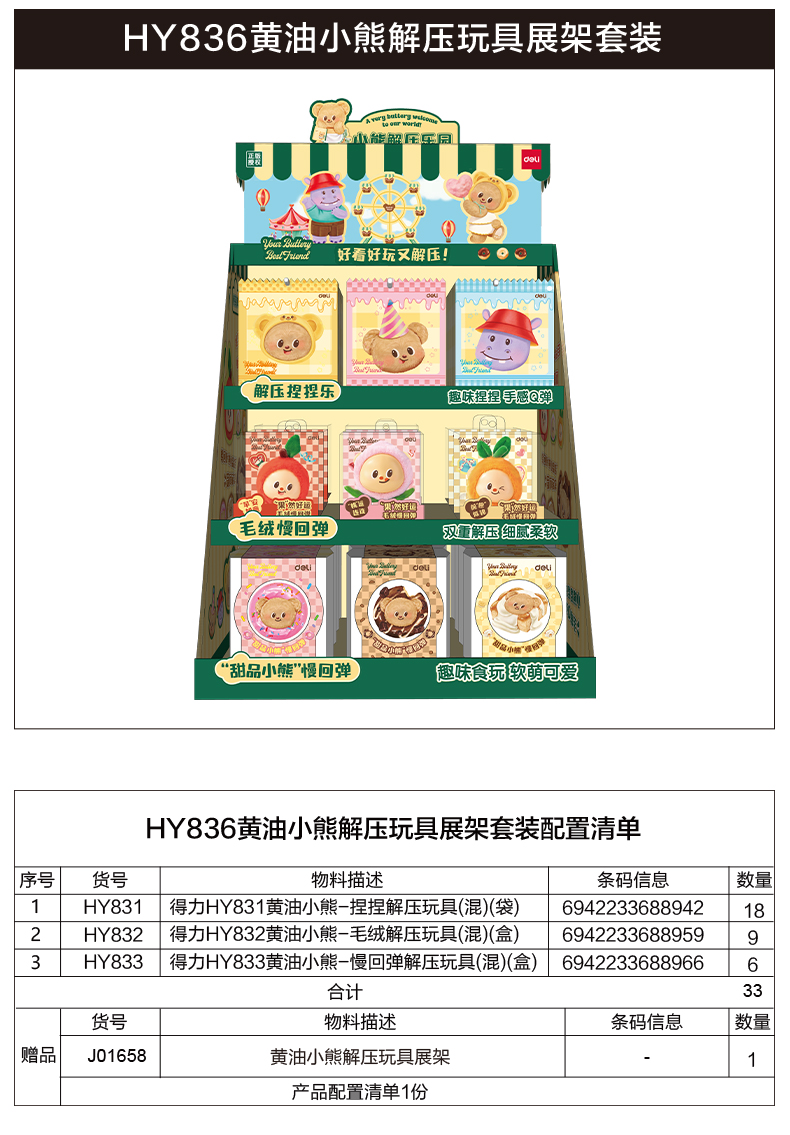 得力HY836黃油小熊解壓玩具展架套裝(混)(套)