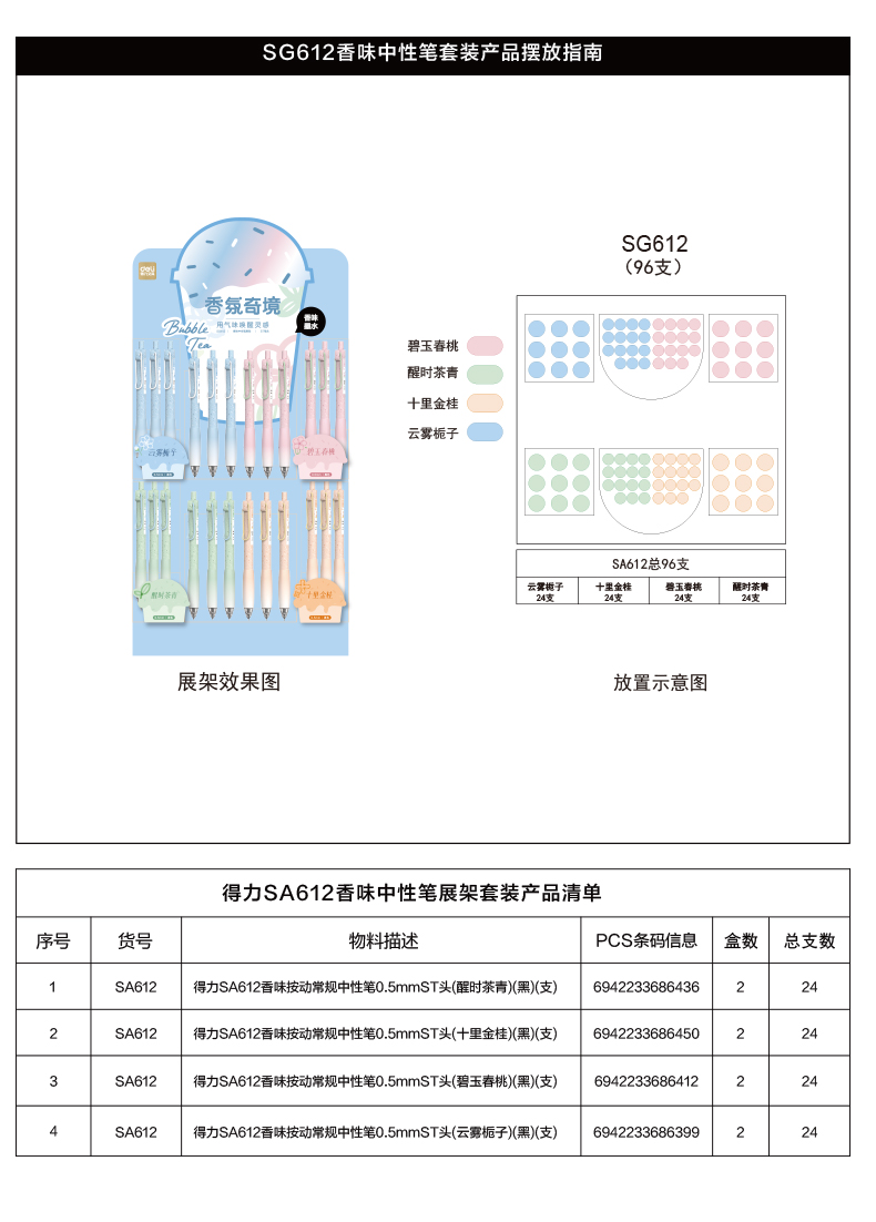 得力SG612香味按動中性筆展架套裝(2套/箱)