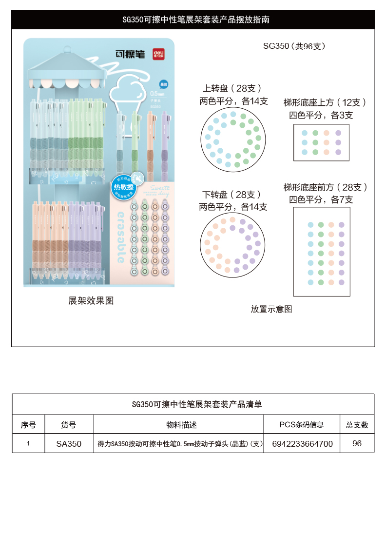 得力SG350按動可擦中性筆展架套裝(晶藍)0.5mm按動子彈頭(2套/箱)