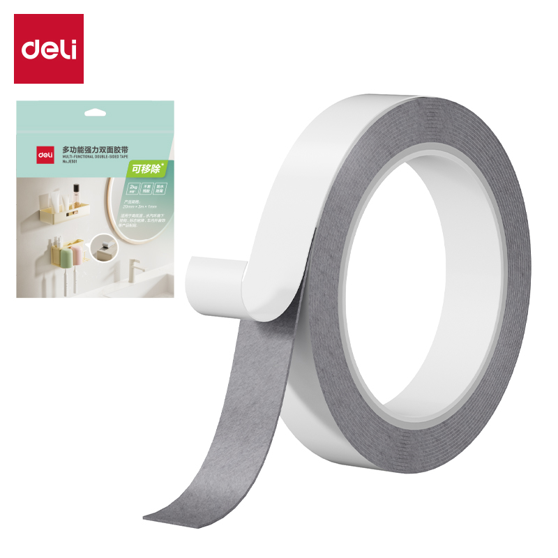 得力JE501多功能強(qiáng)力雙面膠帶20mm*3m*1mm白色(1卷/袋)