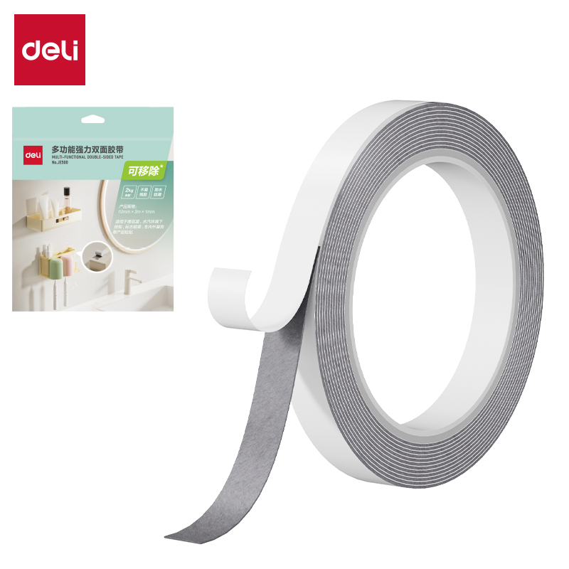 得力JE500多功能強(qiáng)力雙面膠帶10mm*3m*1mm白色(1卷/袋)