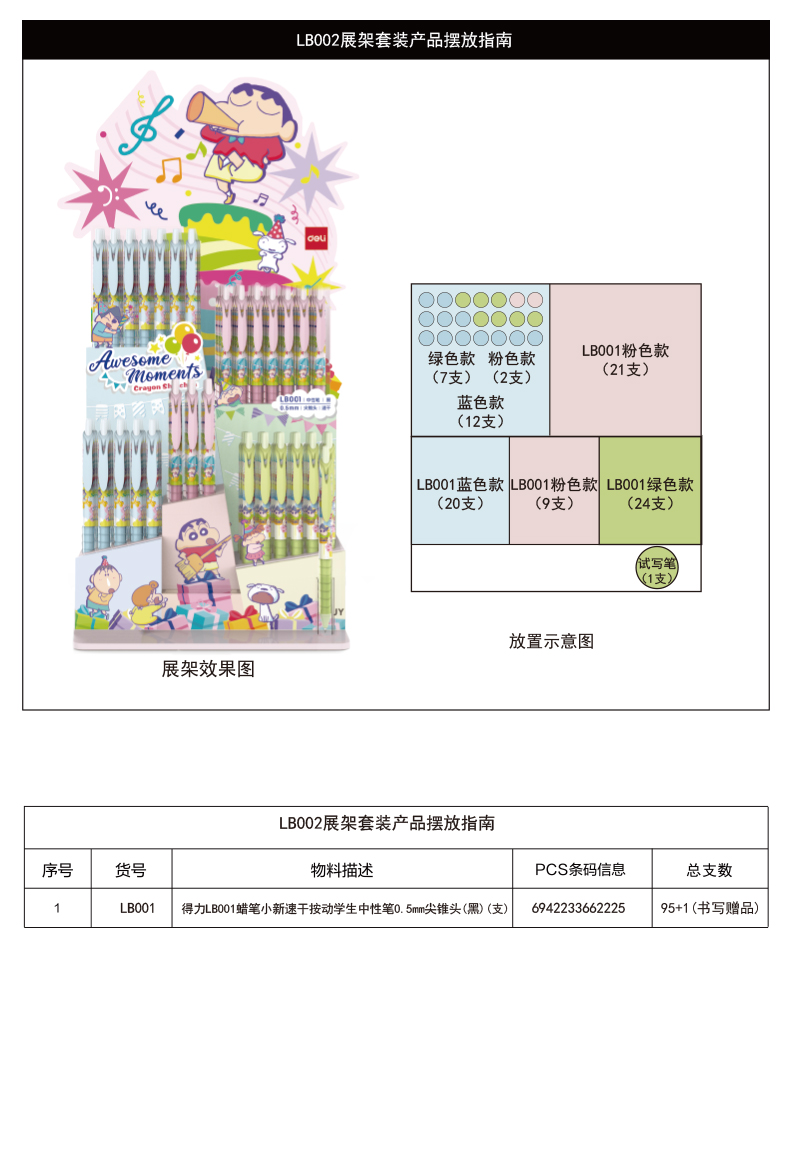 得力LB002蠟筆小新速干按動(dòng)學(xué)生中性筆展架套裝(黑)(96支/架)