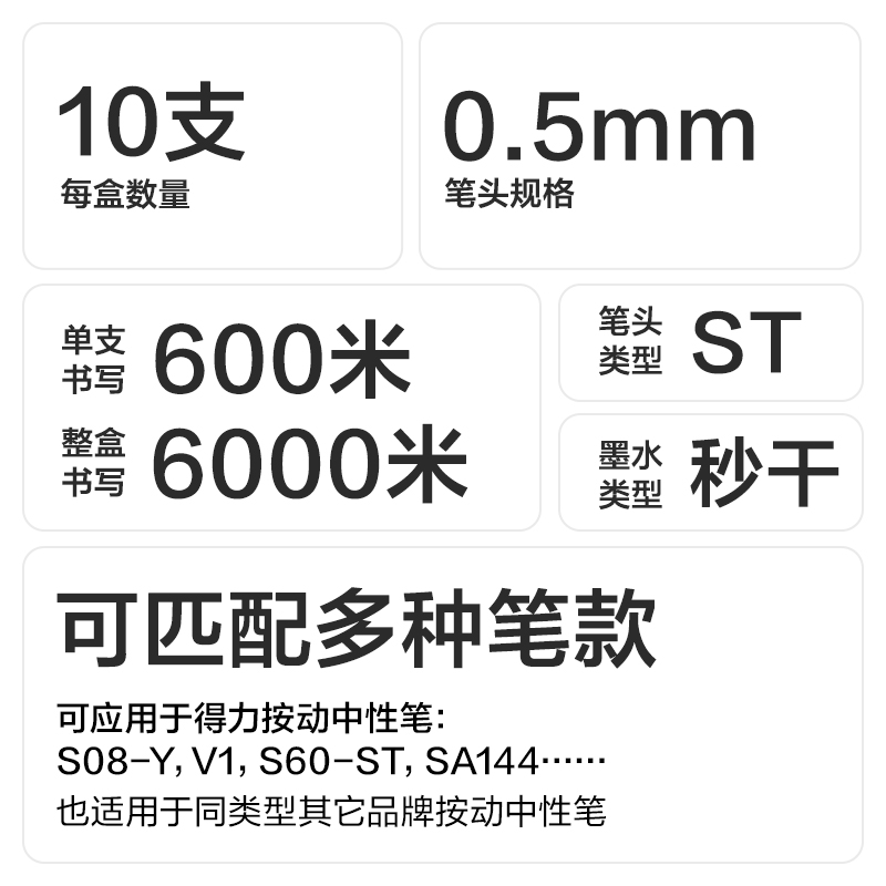 得力SE196秒干按動(dòng)筆芯0.5mmST頭(黑)(10支/袋)