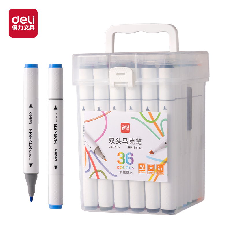 得力HM188-36 PP筒裝粗三角桿雙頭馬克筆(混)(36色/筒)