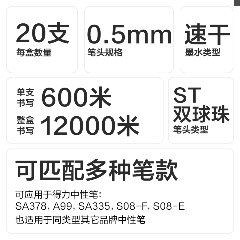 得力SE233速干按動(dòng)筆芯0.5mm雙珠ST筆頭(黑)(20支/盒)