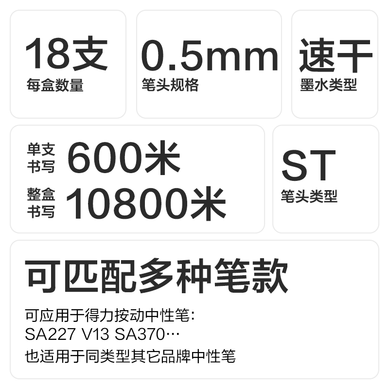 得力SE205速干按動筆芯0.5mmST頭(黑)(18支/盒)