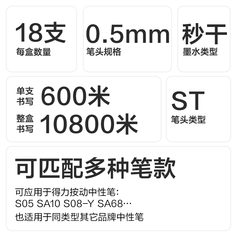 得力SE203秒干按動筆芯0.5mmST頭(黑)(18支/盒)