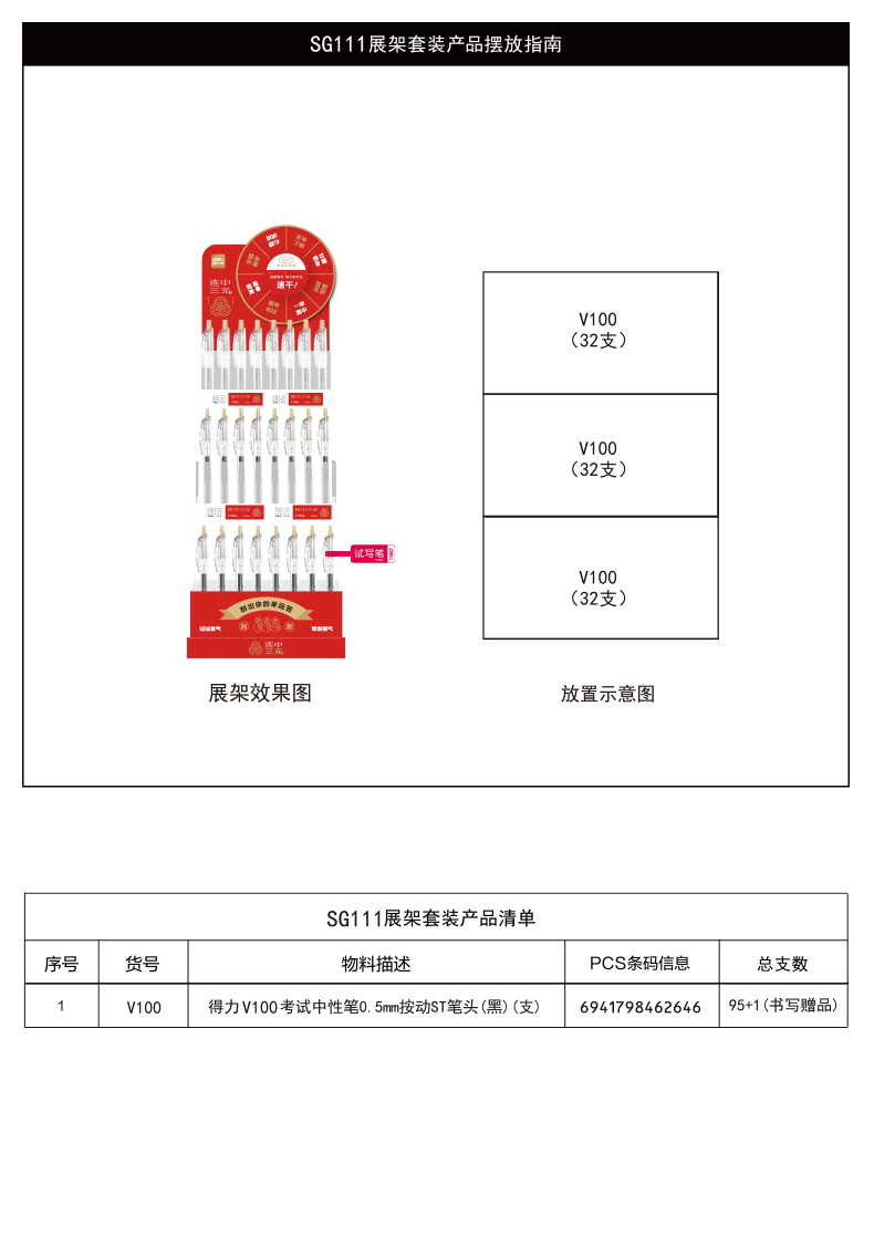 得力SG111連中三元速干按動(dòng)中性筆展架套裝(黑)(96支/架)