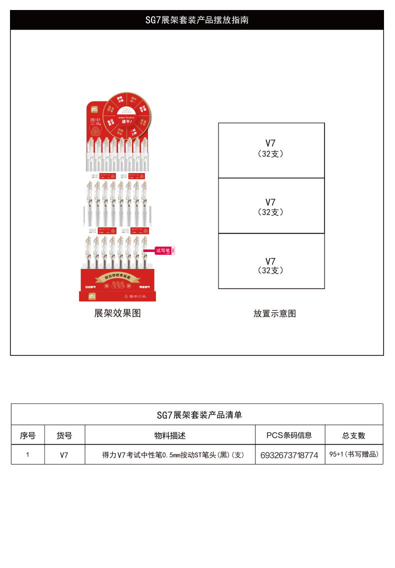 得力SG7連中三元速干按動考試中性筆展架套裝(黑)(96支/架)