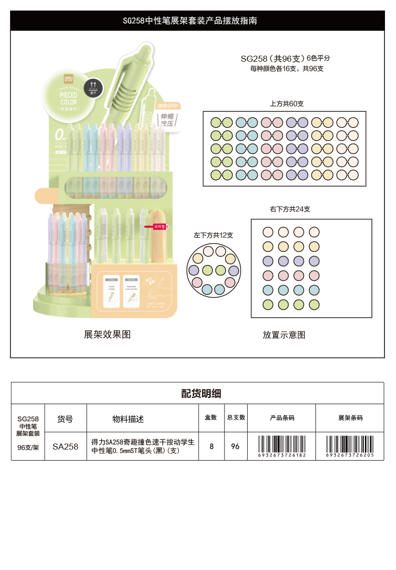 得力SG258奇趣撞色速干按動中性筆展架套裝(黑)(96/架)