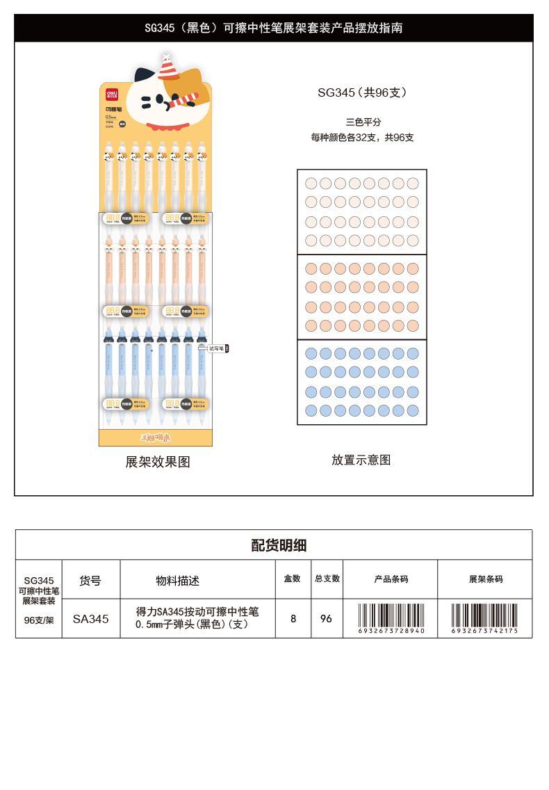 得力SG345三顧喵廬可擦按動中性筆展架套裝(黑)(4套/箱)