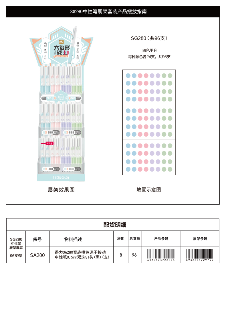 得力SG280奇趣撞色速干按動中性筆展架套裝(黑)(96/架)