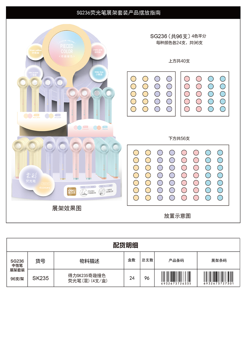 得力SG236奇趣撞色放大鏡熒光筆展架套裝(混)(96支/架)