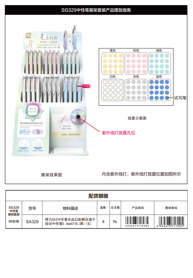得力SG329樂素光啟幻彩解壓速干按動中性筆展架套裝(黑)(96支/架)