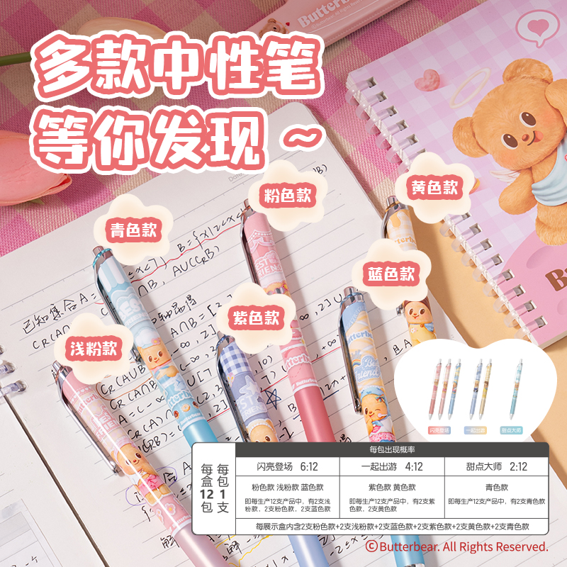 得力HY022黃油小熊速干按動學(xué)生中性筆盲盒0.5mmST頭(黑)(支)