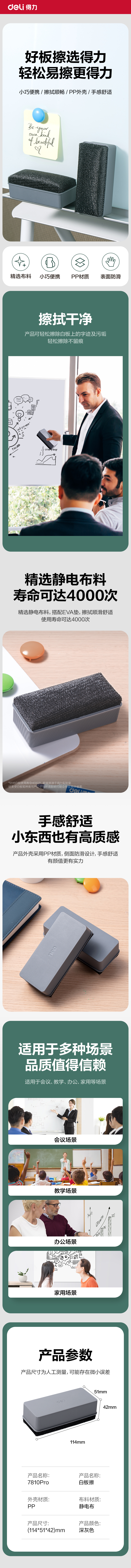 得力7810Pro白板擦114*51*43mm(灰)(只)