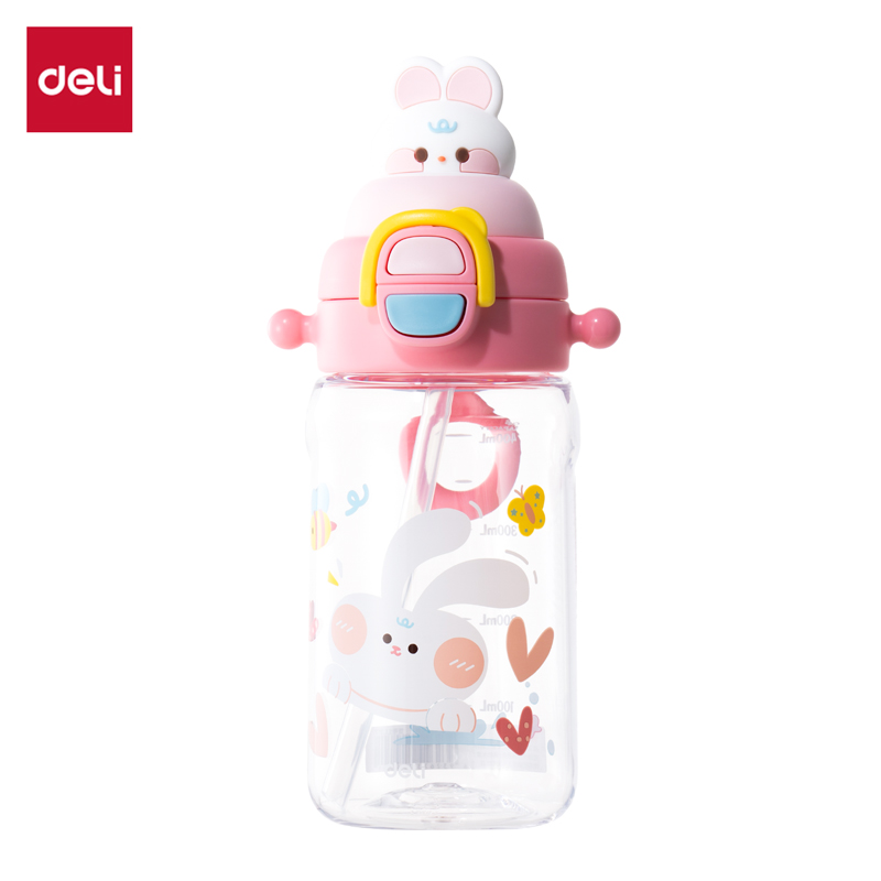 得力LL317小兔吸吸杯(彈蓋雙飲)(500mL)(配杯帶)(粉色)(1個(gè)/盒)