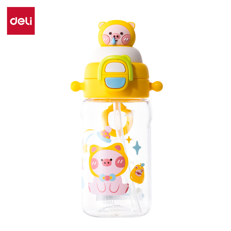 得力LL317小豬吸吸杯(彈蓋雙飲)(500mL)(配杯帶)(黃色)(1個(gè)/盒)