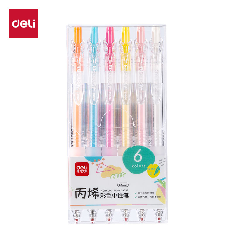得力SA552丙烯彩色中性筆1.0mm按動(dòng)子彈頭早春粉彩色系(混)(6支/盒)