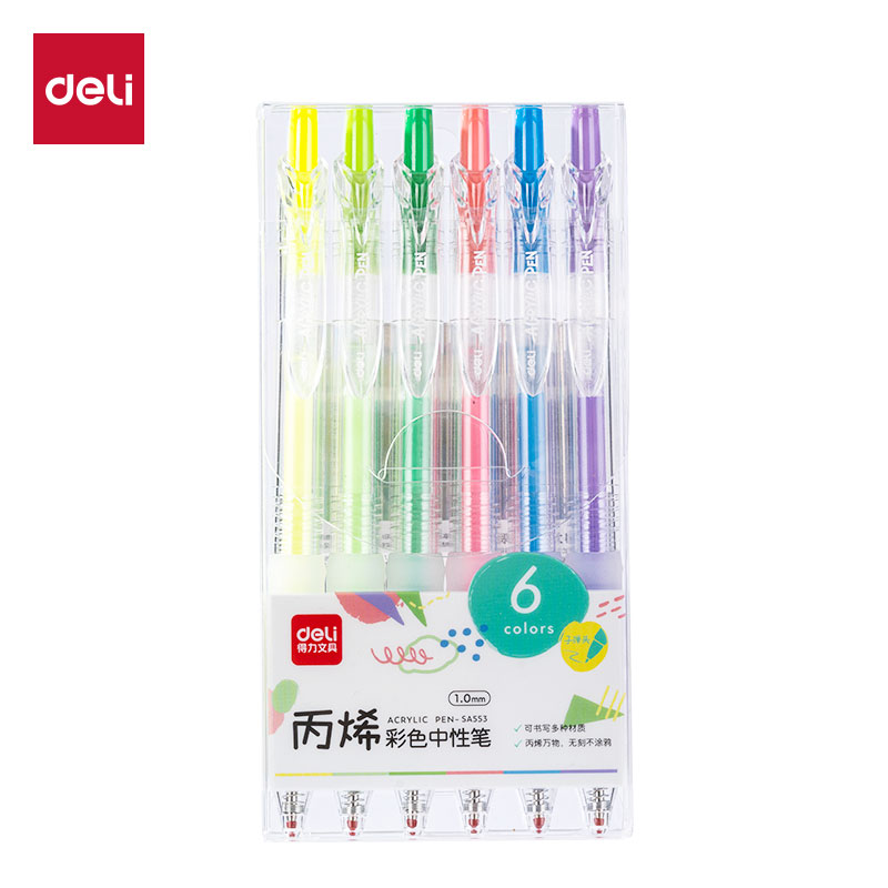 得力SA553丙烯彩色中性筆1.0mm按動(dòng)子彈頭驕陽(yáng)艷彩色系(混)(6支/盒)