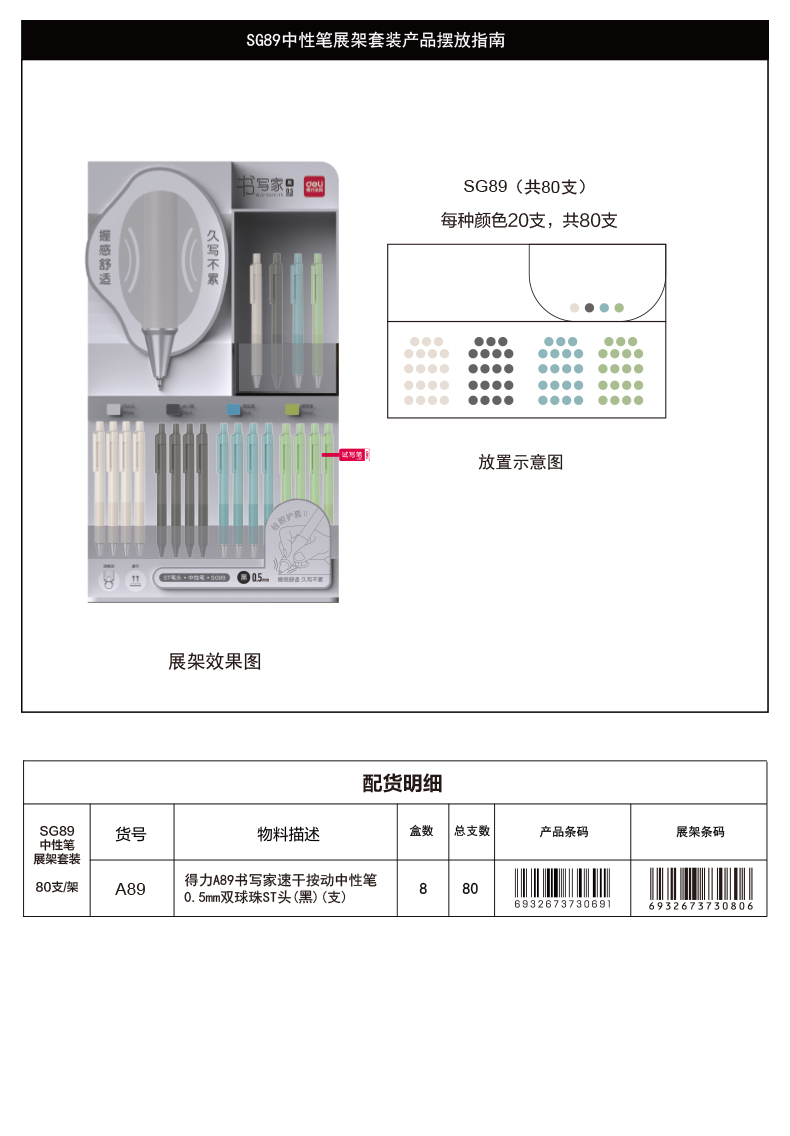 得力SG89書寫家速干按動(dòng)中性筆展架套裝(黑)(80支/架)