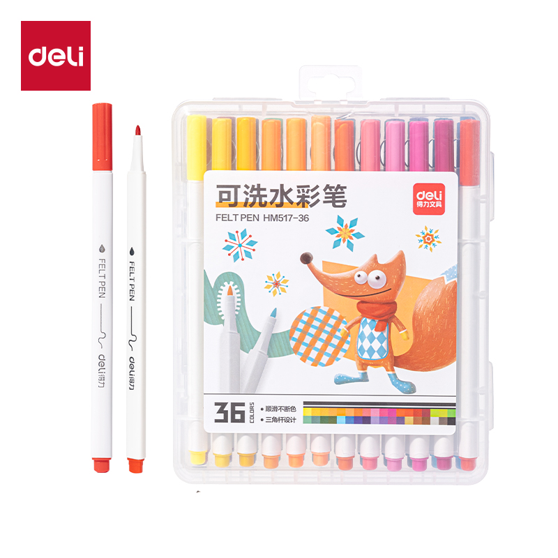 得力HM517-36_PP盒裝細(xì)三角拉桿水彩筆(混)(36色/盒)