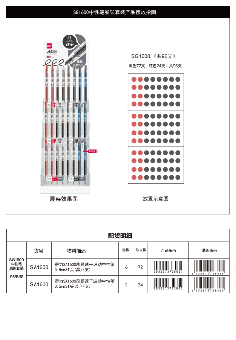 得力SG1600刷題按動(dòng)中性筆展架套裝(黑)(96支/架)
